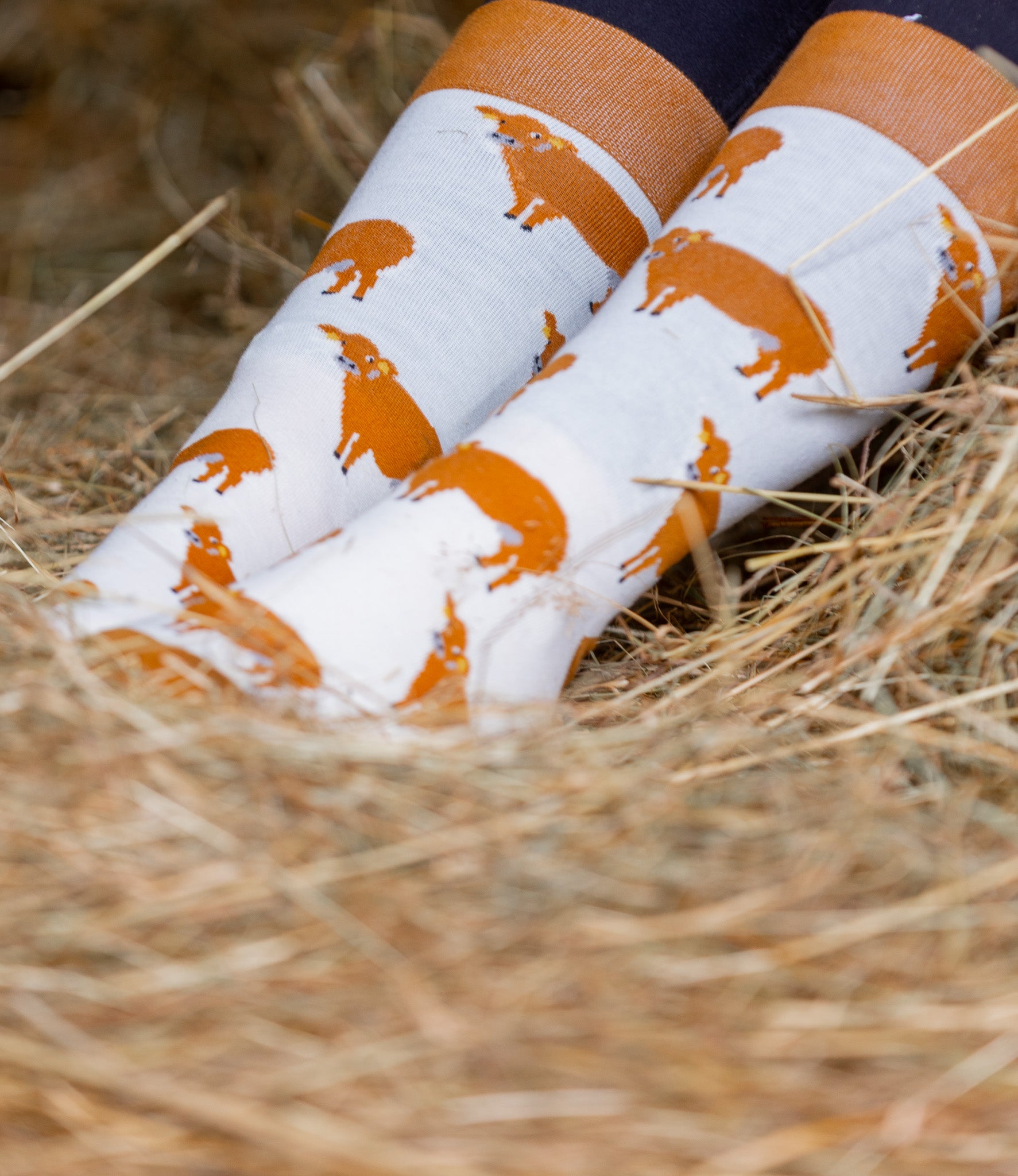 Unisex crew socks. A cow sock design with bold brown cows on a cream background and brown cows on the top, heel and toe.