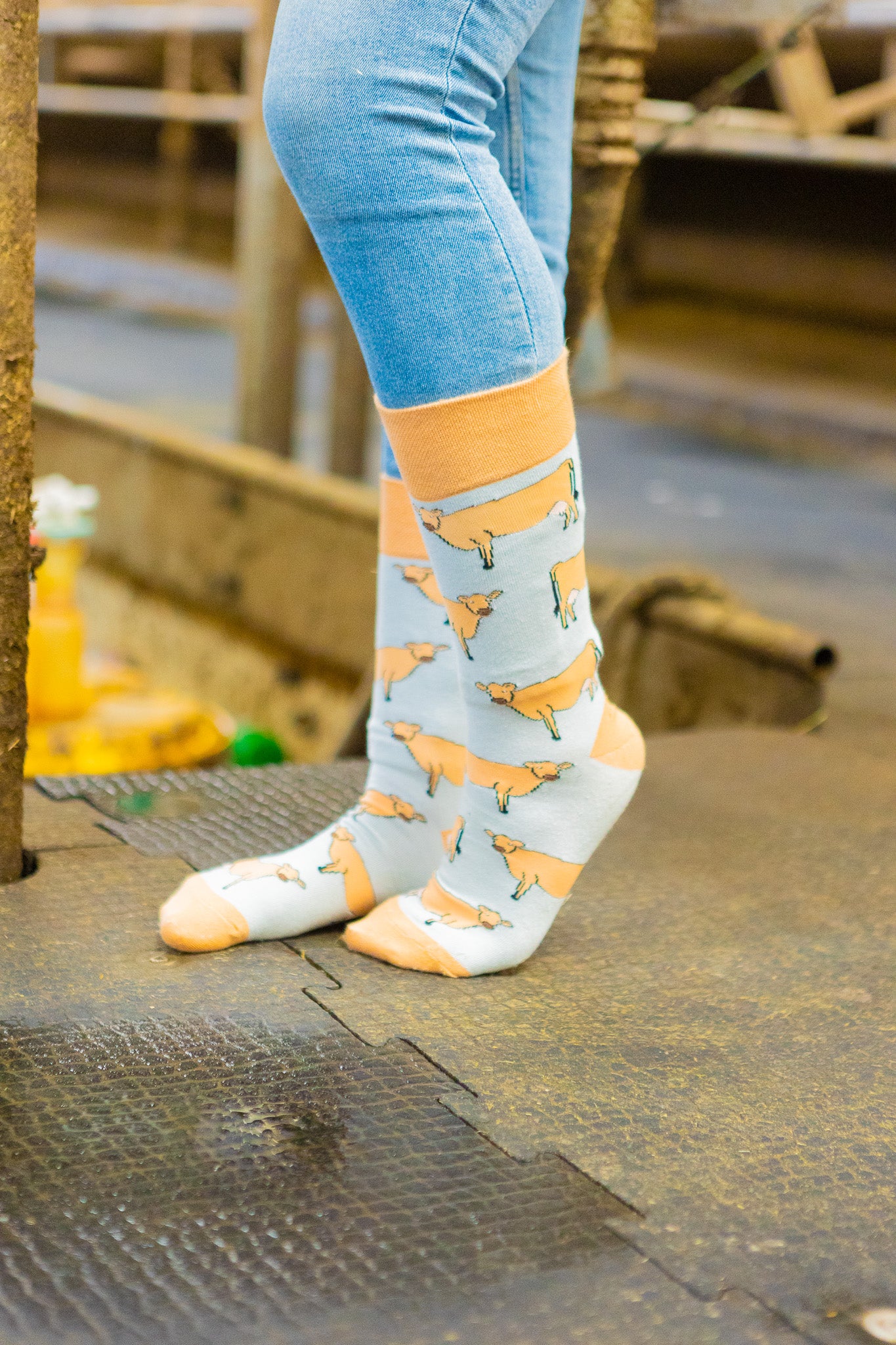 Jersey cow socks featuring adorable Jersey cow illustrations on a light brown background, with a slightly darker brown accent on the top, heel, and toe. These comfy country and stylish country style socks are perfect for cow and animal fans, adding a fun and unique touch to your outfit while celebrating the countryside and the outdoors.