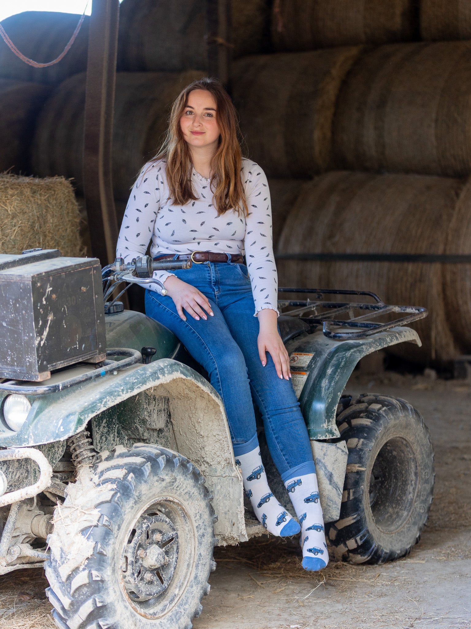 Elegant unisex blue Land rover crew socks. These cosy socks have charming blue Land rovers on a cream background and matching blue top, heel and toe.