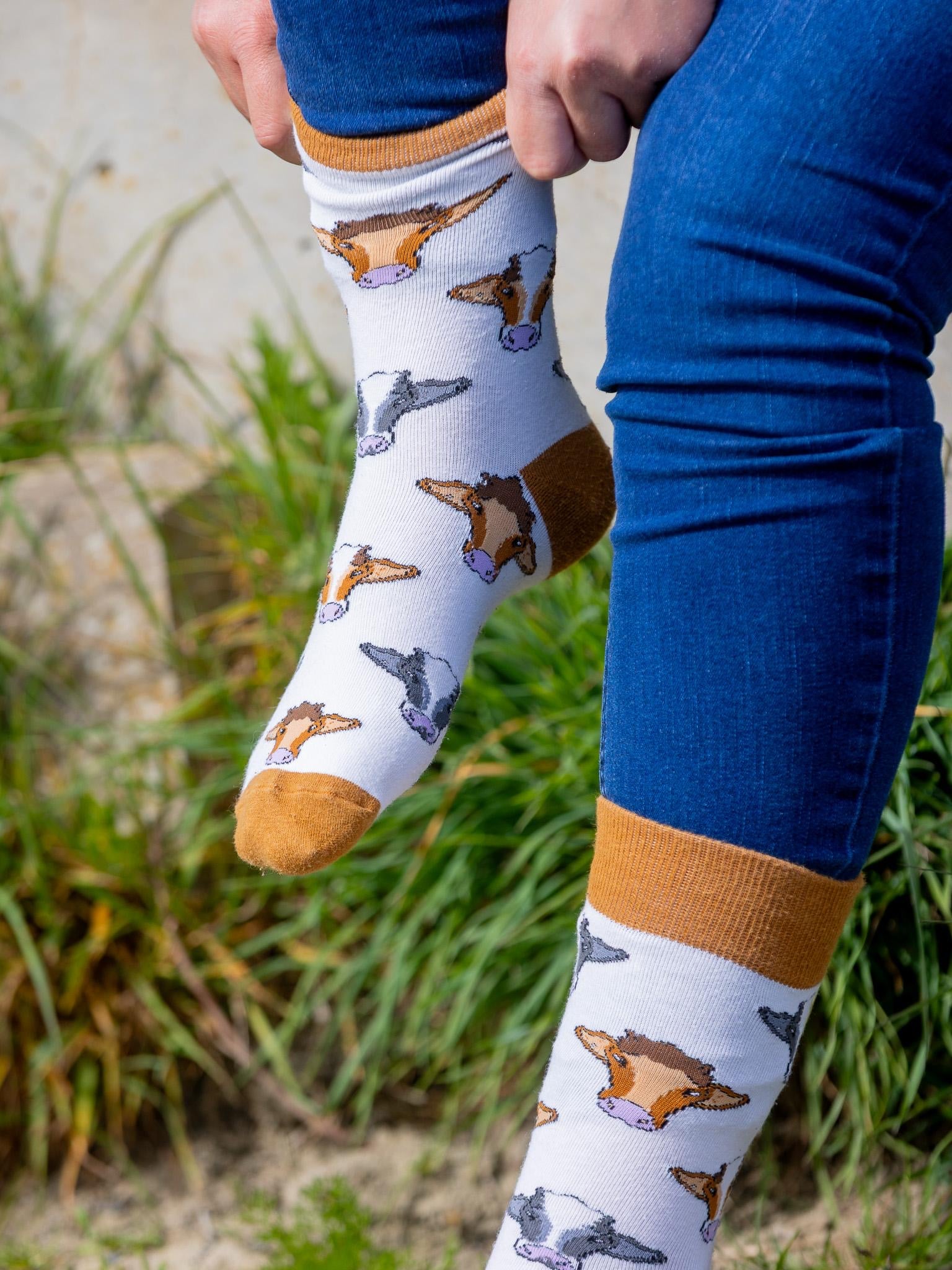 Cow crew socks. These cosy socks have two brown cows on and also a black cows head on a light cream background and a vibrant brown top, heel and toe.