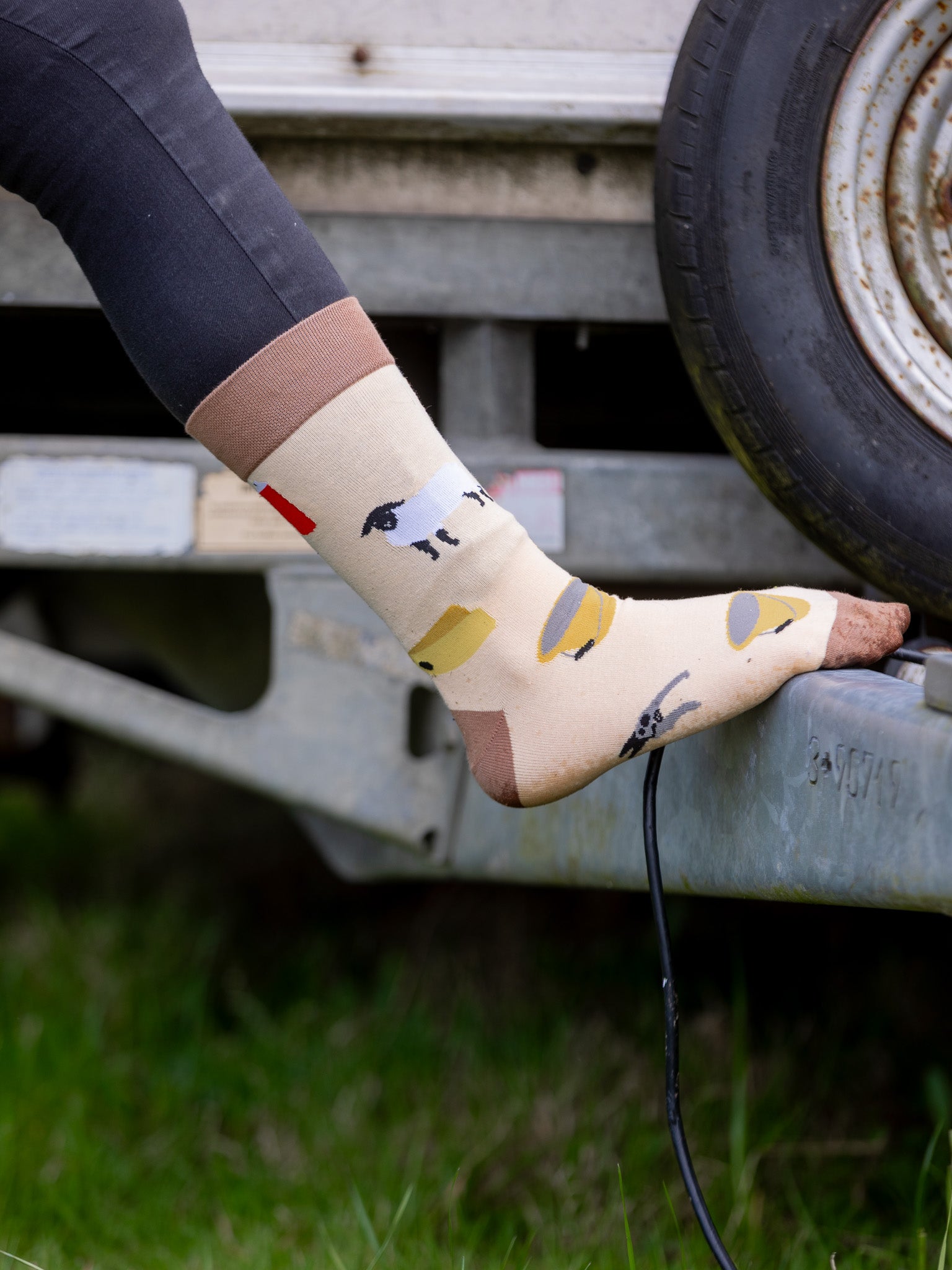 Sheep socks. A unique design with lots of sheep features all over, including a yellow sheep identification tag, grey shears, yellow bucket of feed, Suffolk sheep and a red spray can. These are all on a light peach background with a brown top, heel and toe.