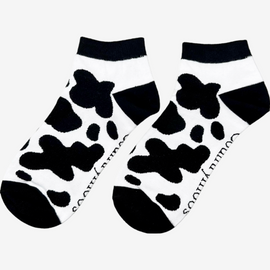 Trendy black and white cow print ankle socks, perfect for country fashion enthusiasts and animal lovers alike. These stylish socks feature a playful cow pattern, ideal for farm lovers and countryside aficionados who appreciate outdoor aesthetics. Designed for comfort and casual wear, these ankle socks make a fashionable statement while celebrating rural life.