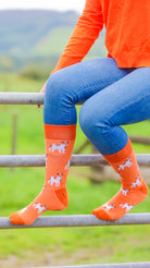 Discover our vibrant orange crew socks featuring playful Jack Russell terriers—perfect for countryside fashion and outdoor adventures! These stylish socks add a pop of color while offering comfort and durability for your hikes or casual outings. Show off your love for Jack Russells as you embrace nature with every step. Elevate your outdoor wardrobe with these must-have socks today!
