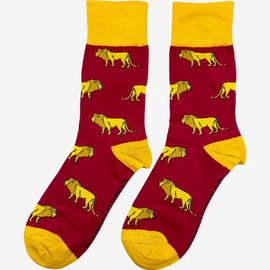 Bold lion socks featuring a striking bright red background adorned with playful lion graphics, complemented by bright yellow tops, heels, and toes. These eye-catching socks are perfect for animal lovers and those seeking to make a statement with their footwear. Ideal for adding a fun and vibrant touch to any outfit while ensuring comfort and style