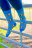 Blue striped cow socks showcasing a playful design on a white background, featuring vibrant blue stripes and cute brown cows. Perfect for adding a fun and cozy touch to your outfit, these socks are ideal for casual wear and a great way to embrace farm and country charm.