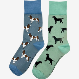 Two pairs of charming dog-themed socks featuring springer spaniels on a light blue background and labradors on a light mint green backdrop. These cozy socks are perfect for dog lovers, showcasing playful designs that celebrate these beloved breeds. Ideal for adding a fun touch to your casual wardrobe, these socks offer comfort and style, making them a perfect gift for animal enthusiasts who appreciate cute and vibrant country fashion.