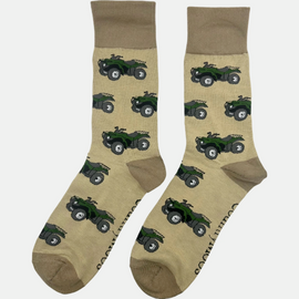 "These delightful darker olive quad bike socks feature a lively green quad bike design set against a light olive background, complemented by matching darker olive heel and toe accents. Perfect for adding a pop of color to your outdoor outfit, these socks combine comfort with a fun, adventurous touch. Showcase your passion for off-roading and cheerful style with these adorable and cozy socks!"