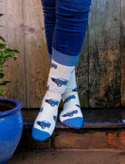 Crew blue Land rover socks! A countryside must have with blue land rovers all over on a cream background and matching top, heel and toe. 