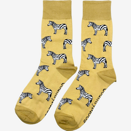 Stylish zebra socks featuring a striking zebra pattern against a mellow yellow background, complemented by a matte yellow top, heel, and toe. These unique socks blend fun and fashion, perfect for adding a pop of color and playful design to your wardrobe. Ideal for animal lovers and fashion enthusiasts alike, these socks offer both comfort and a cheerful vibe