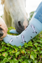 Grey horse socks. These cosy crew socks sports grey rearing horses on a light blue background and a darker elegant blue top, heel and toe.