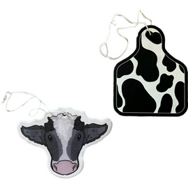 Transform your ride with our countryside-themed air fresheners: a charming black and white cow with black ice scent and a vanilla cow tag design that is perfect for any vehicle.