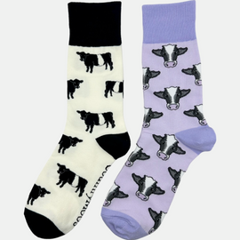 Vibrant purple cow socks adorned with playful black cows paired with stylish Belted Galloway cow socks, all showcased on a cream background. Perfect for cow lovers, these unique socks offer a fun and colorful accessory option while ensuring comfort and warmth for everyday wear for people who are inspired by the country side and country fashion.