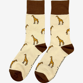 Stylish giraffe socks featuring a charming design on a lovely light beige background, complemented by dark brown tops, heels, and toes. These playful socks are perfect for animal lovers and fashion enthusiasts alike, offering a unique touch to any outfit. Ideal for casual wear or gifts, they blend comfort with a fun, safari-inspired theme.