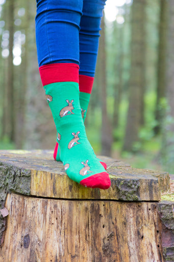 Charming country style hare socks set against a vibrant green background, adorned with playful hares and accented by bright red tops, heels, and toes. These eye-catching socks are perfect for nature lovers and those who appreciate whimsical countryside-themed fashion. A delightful addition to any sock collection, adding both comfort and a touch of personality.