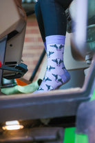 Unisex cow socks. A unique purple theme with black cows on a light purple background with darker purple top, heel and toe. 