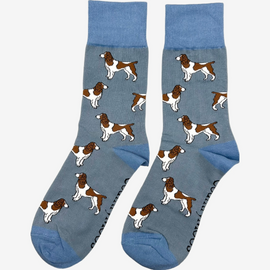 Adorable springer spaniel socks set against a lovely blue background, designed for dog lovers and countryside enthusiasts who appreciate country fashion. Featuring playful springer spaniel motifs, these cozy socks blend comfort and style, making them an ideal accessory for casual outings or relaxing at home. A perfect gift for pet lovers, adding a touch of charm to any outfit