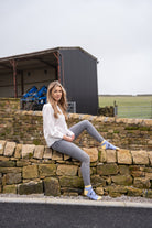Country girl wearing Purple friesian cow ankle socks 