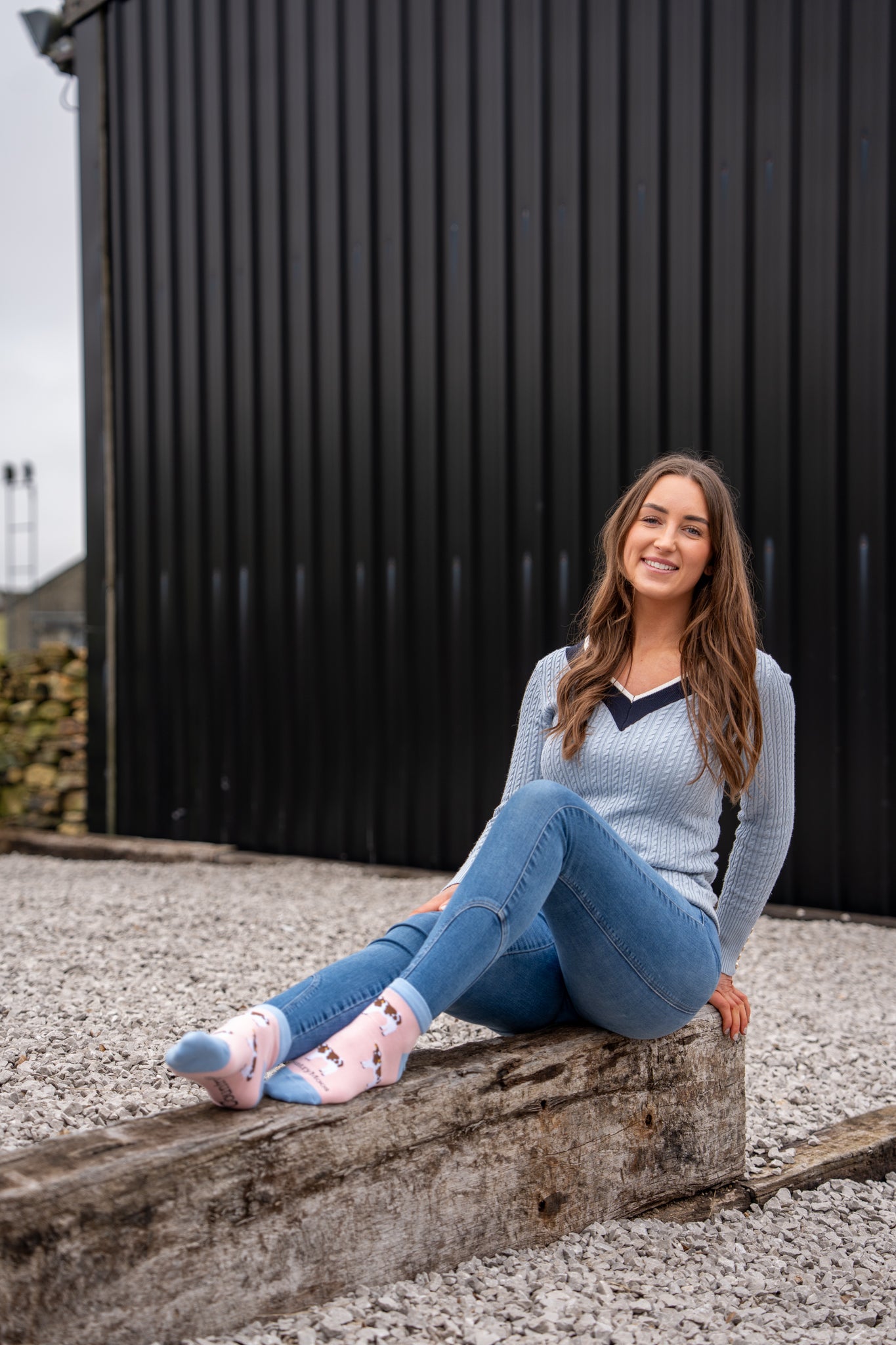 Country girl wearing pink cow ankle socks 