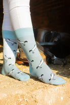  Unique horse socks. A unisex designs these cosy crew socks sport grey rearing horses on a light blue background and a darker blue top, heel and toe. 