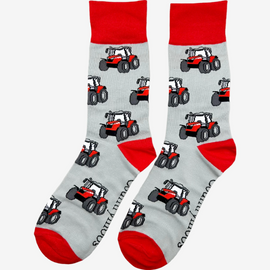 Red country-style tractor socks featuring a modern tractor design on a grey background, accented with a matching red top, heel, and toe. These cozy and stylish socks are perfect for farmers and tractor enthusiasts who love the countryside, offering both comfort and a touch of country charm for everyday wear.