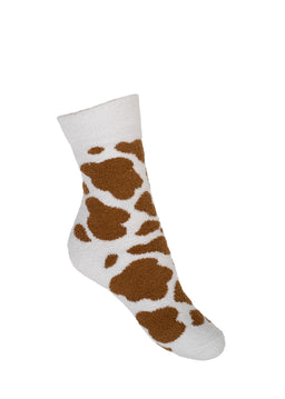 Fluffy Brown Cow Print Crew Socks