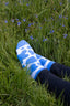 Trendy blue and white cow print ankle socks, perfect for country fashion enthusiasts and animal lovers alike. These stylish socks feature a playful cow pattern, ideal for farm lovers and countryside aficionados who appreciate outdoor aesthetics. Designed for comfort and casual wear, these ankle socks make a fashionable statement while celebrating rural life.