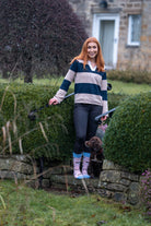 pink and blue cow socks that are crew styled 