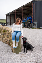 country girl modelling blue themed cow socks