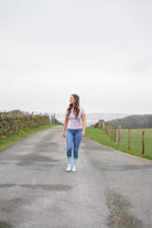 country girl wearing mix cow print crew socks 